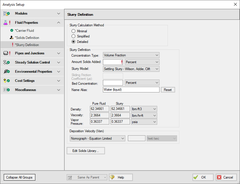 The Slurry Definition panel in Analysis Setup.